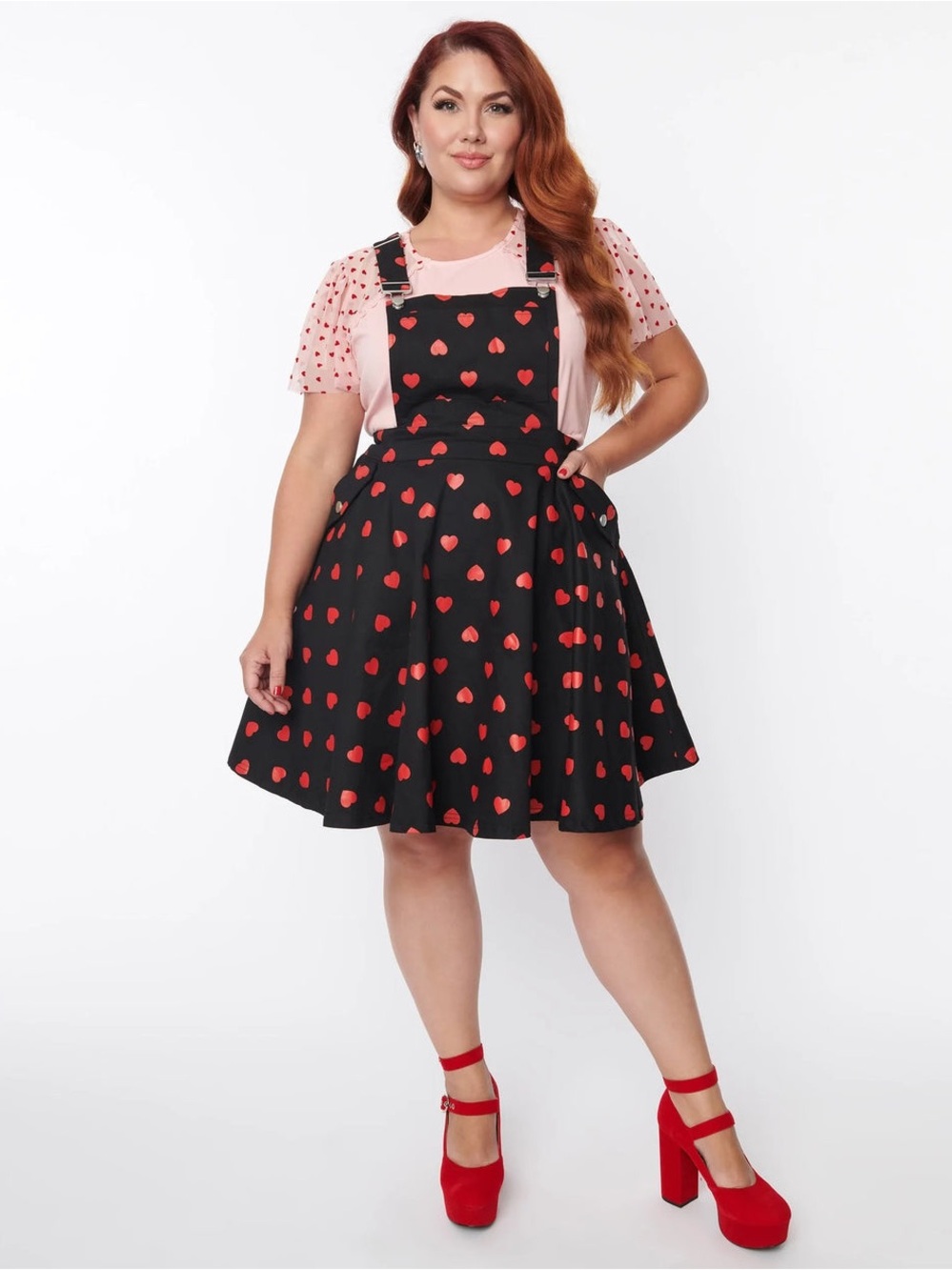 Unique Vintage Black Pinafore Dress with Red Heart Print